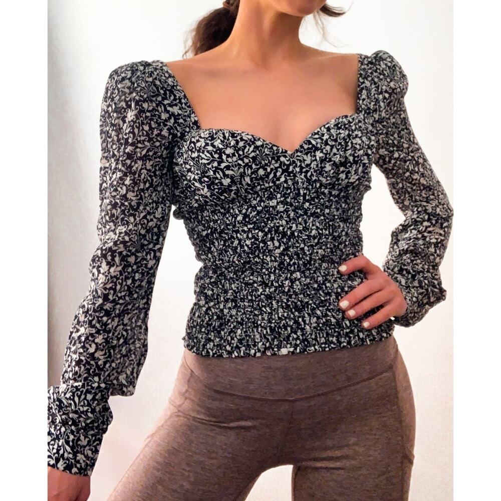 REFORMATION Floral Long Sleeve Smocked Top